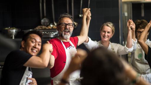 Image of Massimo Bottura and staff at Refettorio Felix in London (Credits: Simon Owen Red Photographic)