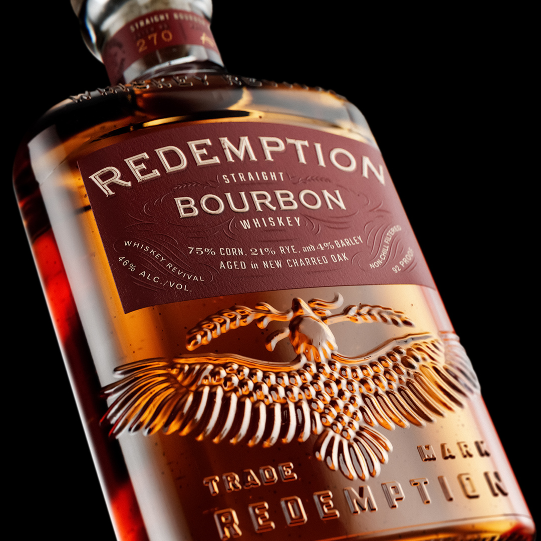 A closeup of Redemption Straight Bourbon’s new bottle design